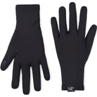 Pair of black gloves with a brand logo on a white background